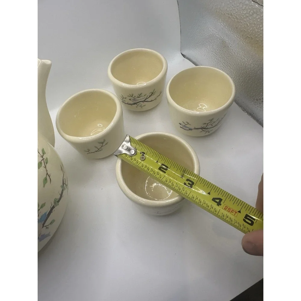Beige Glazed Ceramic Floral Tea Set Teapot w/ Lid & 4 Cups, 8 oz